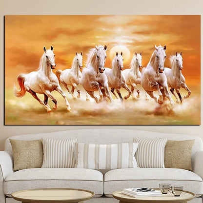 Seven Running White Horse Animals Painting