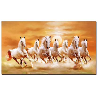 Seven Running White Horse Animals Painting